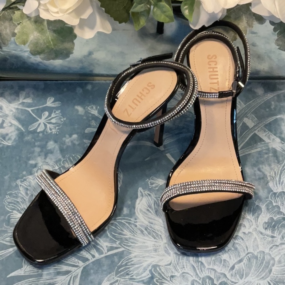 SCHUTZ Black Patent Sandals with Rhinestone Accents